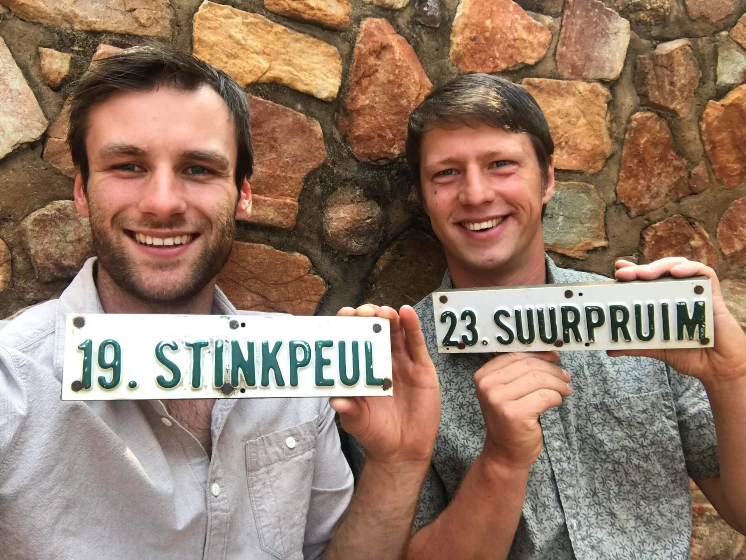 Hessel and Dilo holding South African tree tags